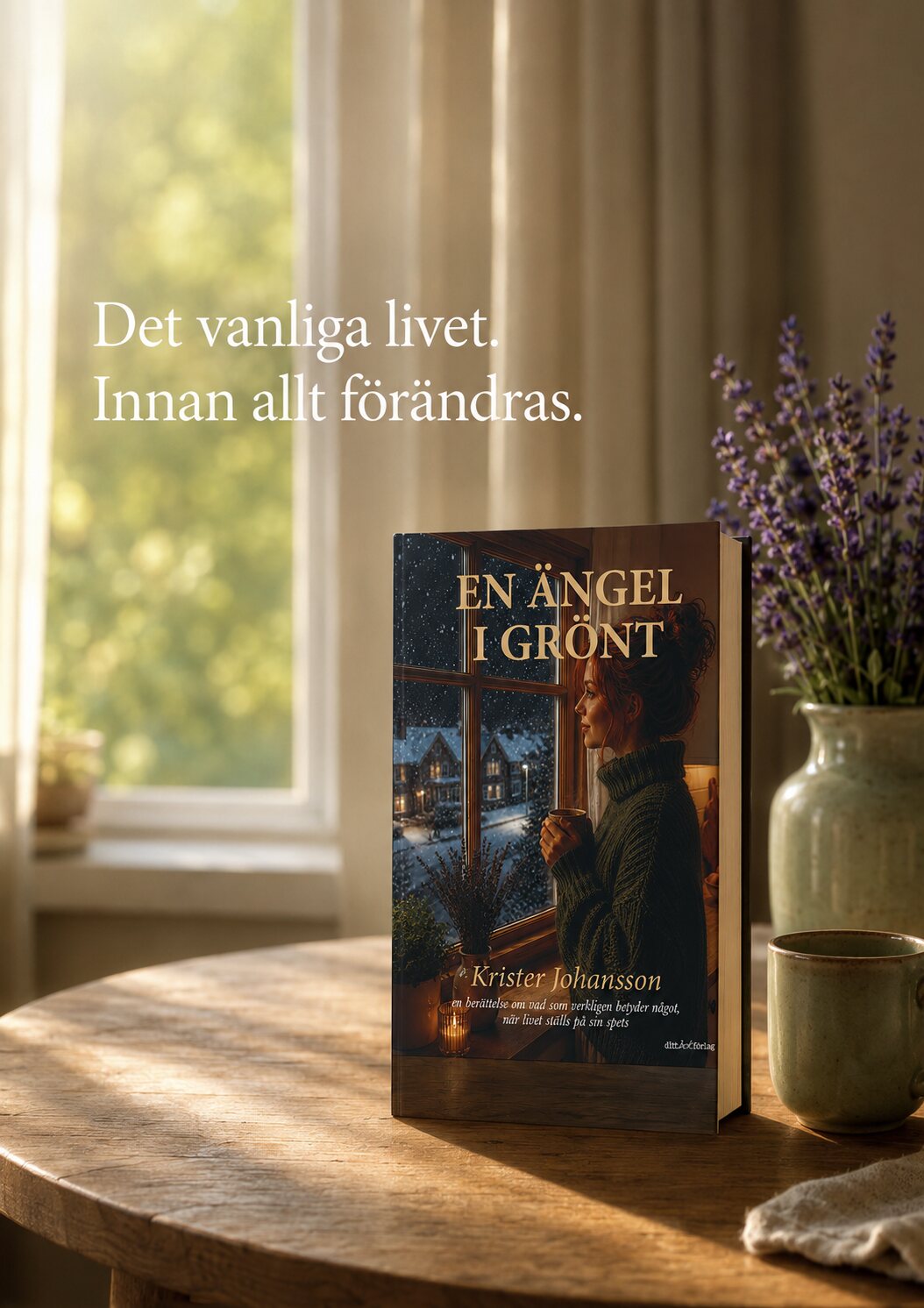 En ängel i grönt på ett bord i ett stilla morgonljus